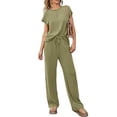 thumbnail image 3 of Women'S Two-Piece Casual Ribbed Knit Short-Sleeved Top, Wide-Leg Pants, Home Wear, Travel Sportswear Army Green M, 3 of 9