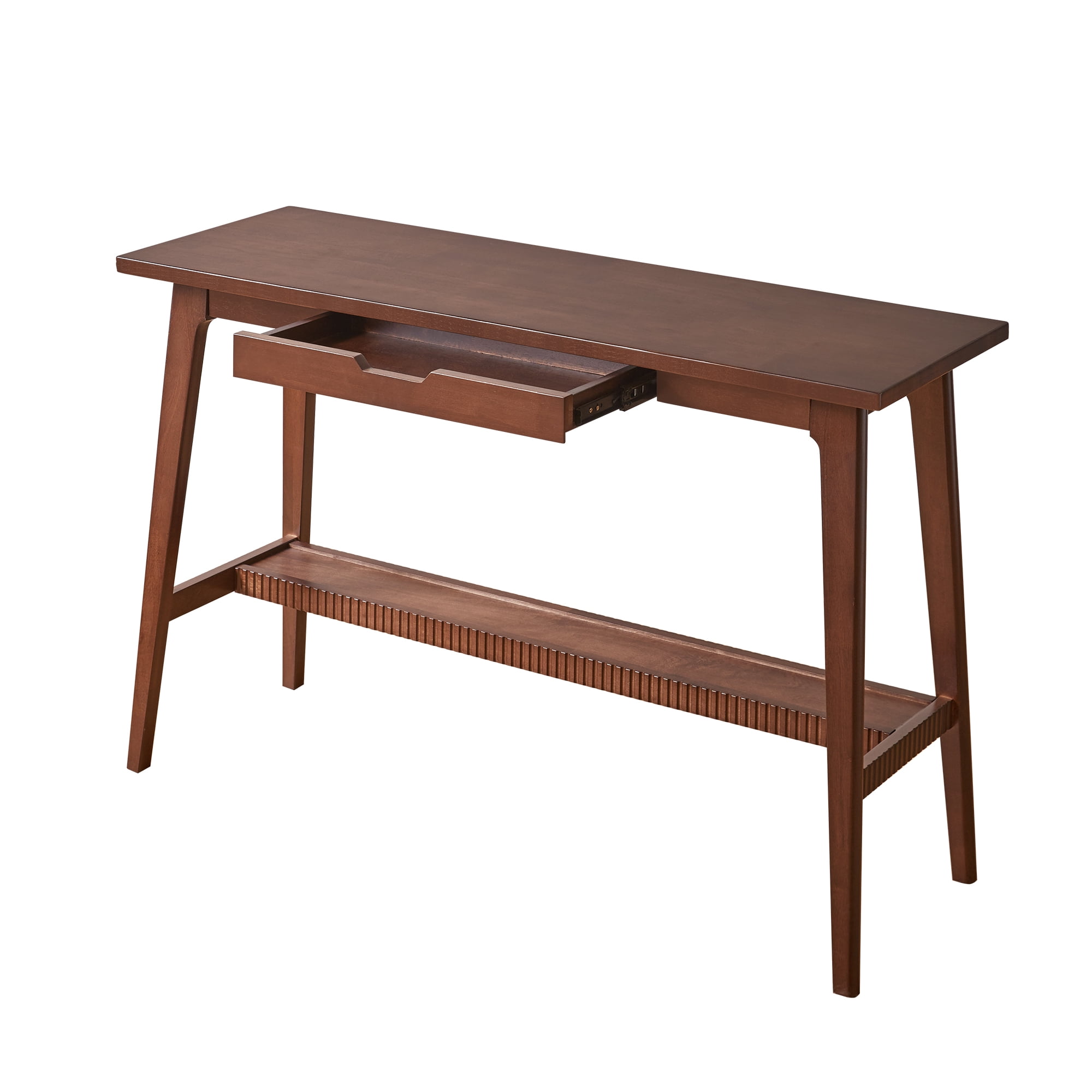 Solid Rubber Wood Desk with Drawer and Storage Shelf, 47.24 in Walnut