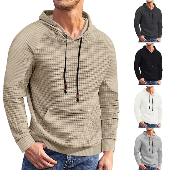 Men's Casual Jacquard Plaid Hooded Sweatshirt, Lightweight Pullover Shirt with Large Front Pockets, Long Sleeve Fall Spring Basic Layering Piece,Black,L