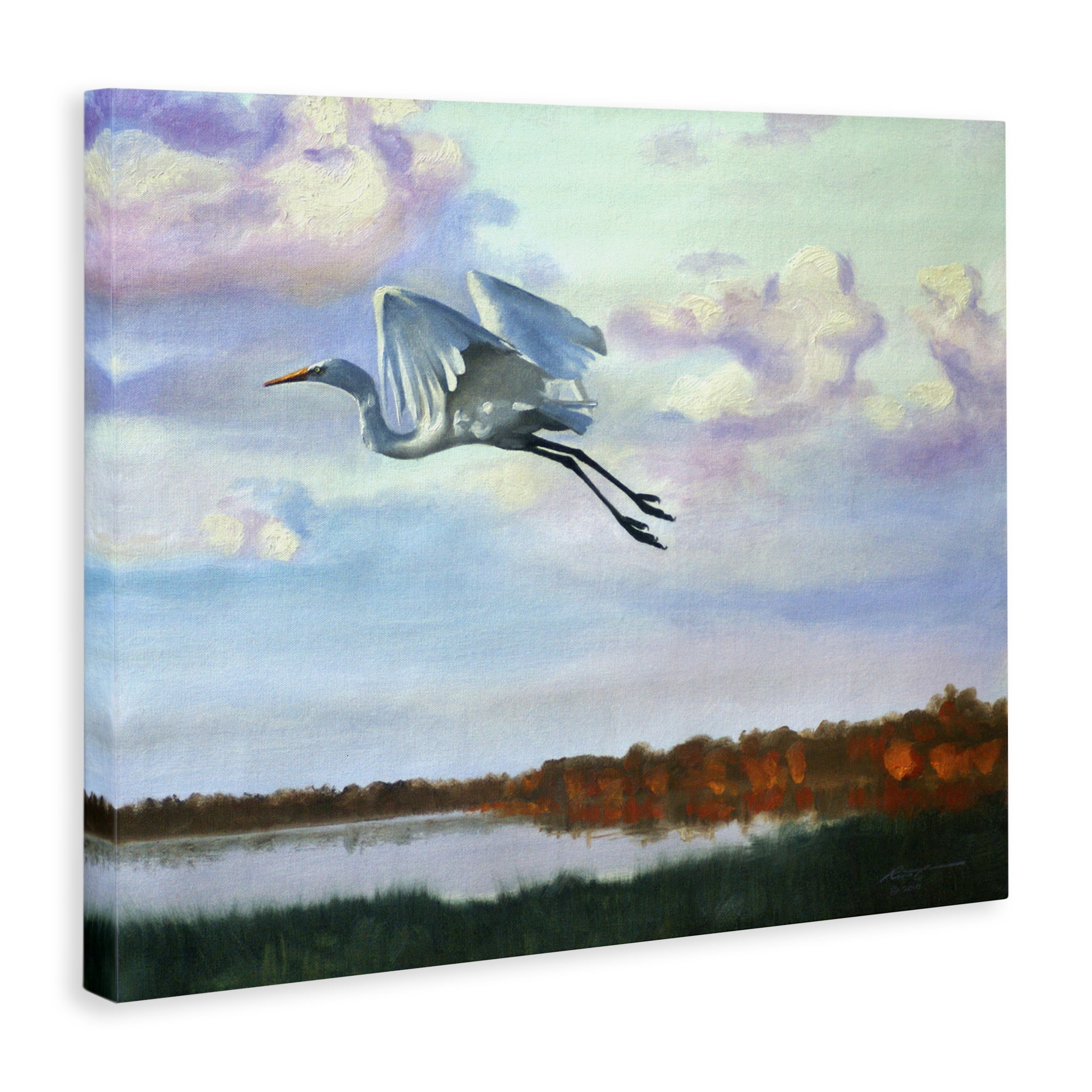 Stupell Industries Egret Over Lake Shore Landscape Painting Gallery Wrapped Canvas Art Print Wall Art, 20 x 16