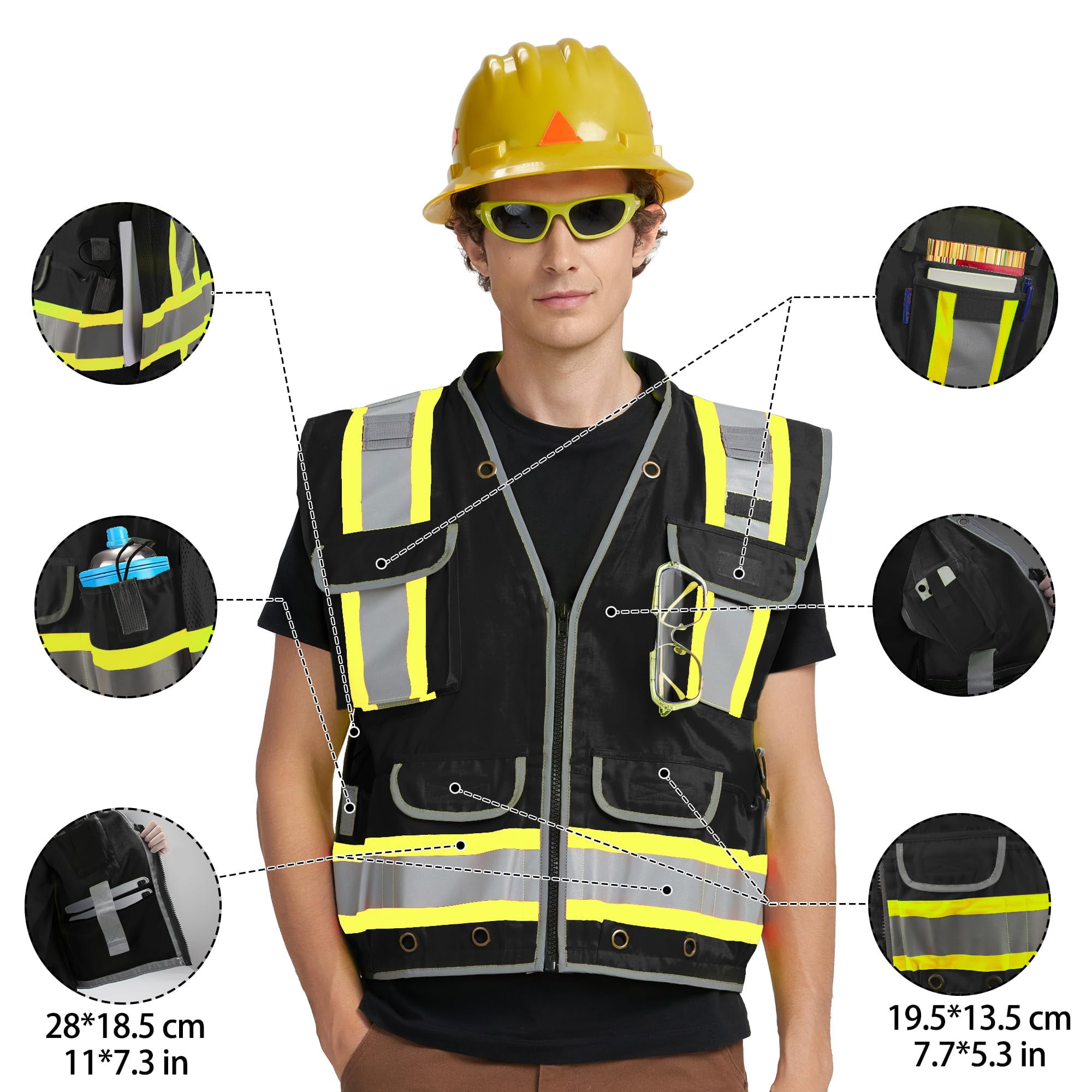 AYKRM Heavy Woven Two Tone Engineer High Vis Reflective work construction safety vest for men Class 2 with Cargo Pockets