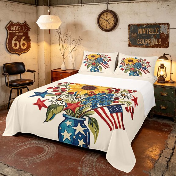 Manfei Watercolor Patriotic Sunflower Bouquet Queen Sheets, July Fourth Gifts Queen Sheet Sets, Multicolor, Navy Reversible 4-Piece (1 Flat Sheet, 1 Fitted Sheet and 2 Pillowcases)