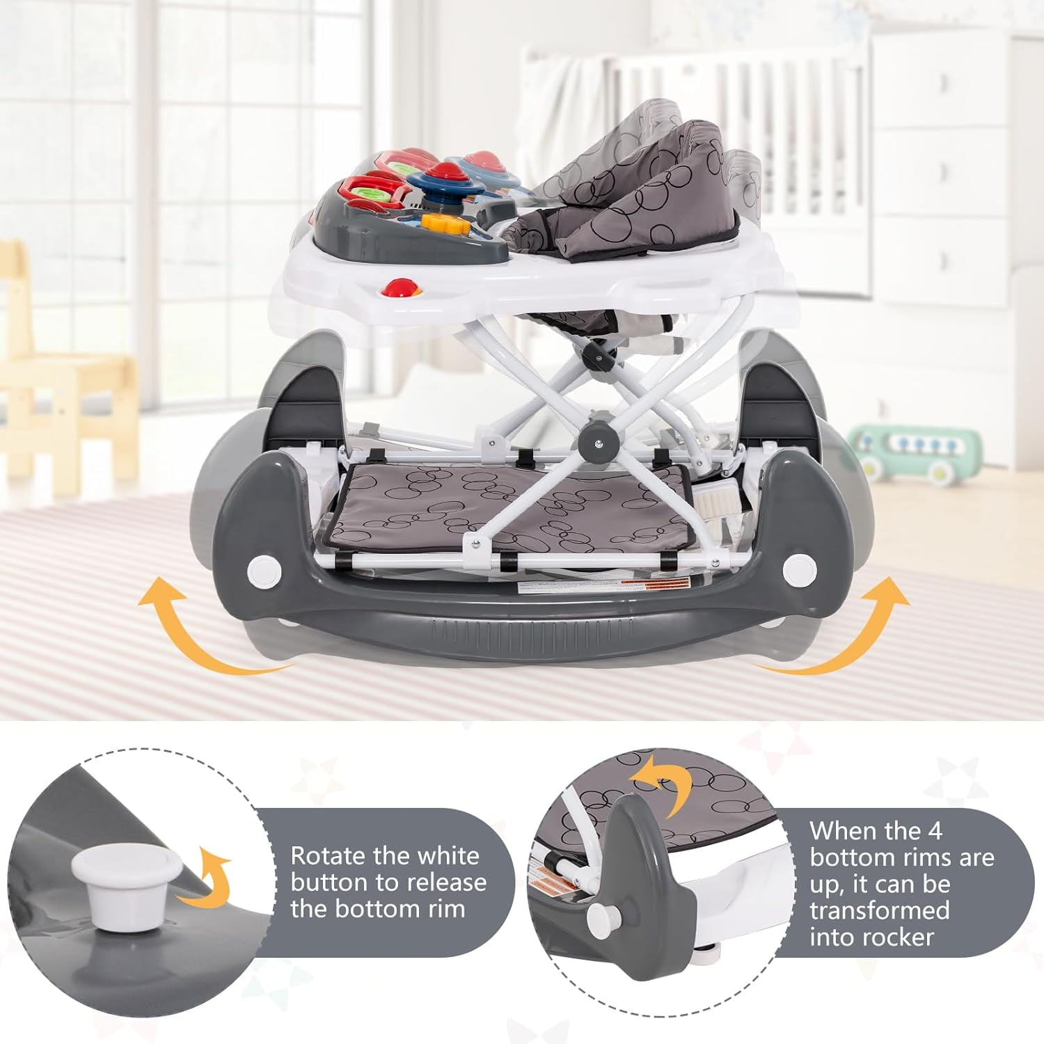 INFANS Baby Walker, 6 in 1 Behind Walker Learning Seated Rocker Bouncer with Removable Music Tray, Adjustable Height and Speed, Washable Seat Cushion, Foldable Activity Center for Toddlers