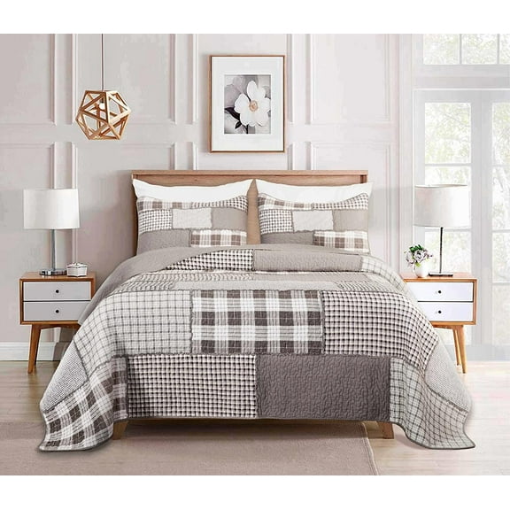 Chezmoi Collection Sanders 3-Piece Plaid Windowpane Checkered Patchwork 100% Vintage Washed Cotton Quilt Set, King Size