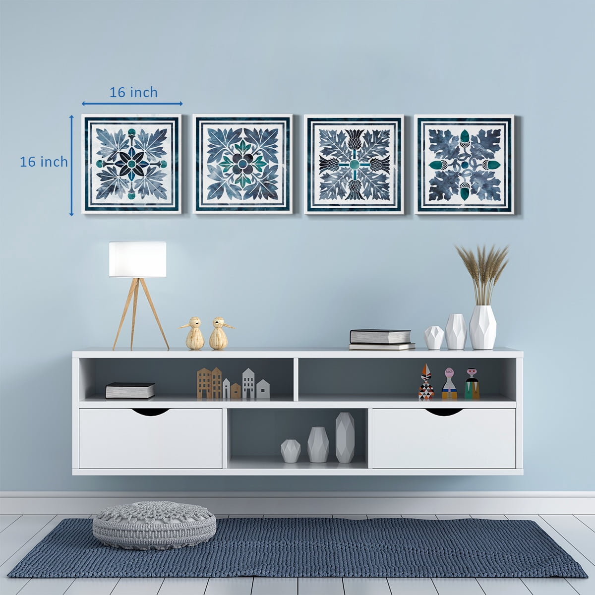 Wexford Home Abstract Wall Art Flower Bluie Pattern Prints 16 x 16 inch Each Panel, Set of 4 Wall Décor for Bedroom Bathroom Living Room