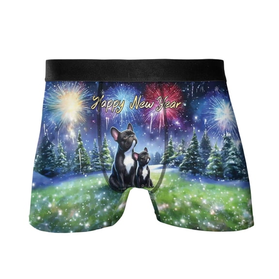 Happy New Year French Bulldog Family Cheer Winter Midnight Firework All Over Print Boxer Briefs Underwear for Men Dad Dog Lover Gifts - 02025