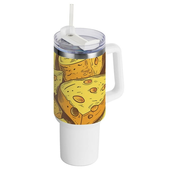 Yellow Cheese 40 oz Tumbler with Handle Insulated Travel Mug Lid Straw Leak Proof Steel Vacuum Water Bottles Glasses Fits in Car Cup Holder