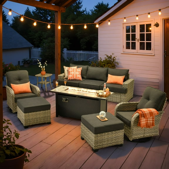 XIZZI 9 Pieces Outdoor Patio Furniture High Back Wicker Conversation Set Modular Rattan Patio Sectionals with Fire Pit Table and Swivel Rocking Chairs for Backyard, Black