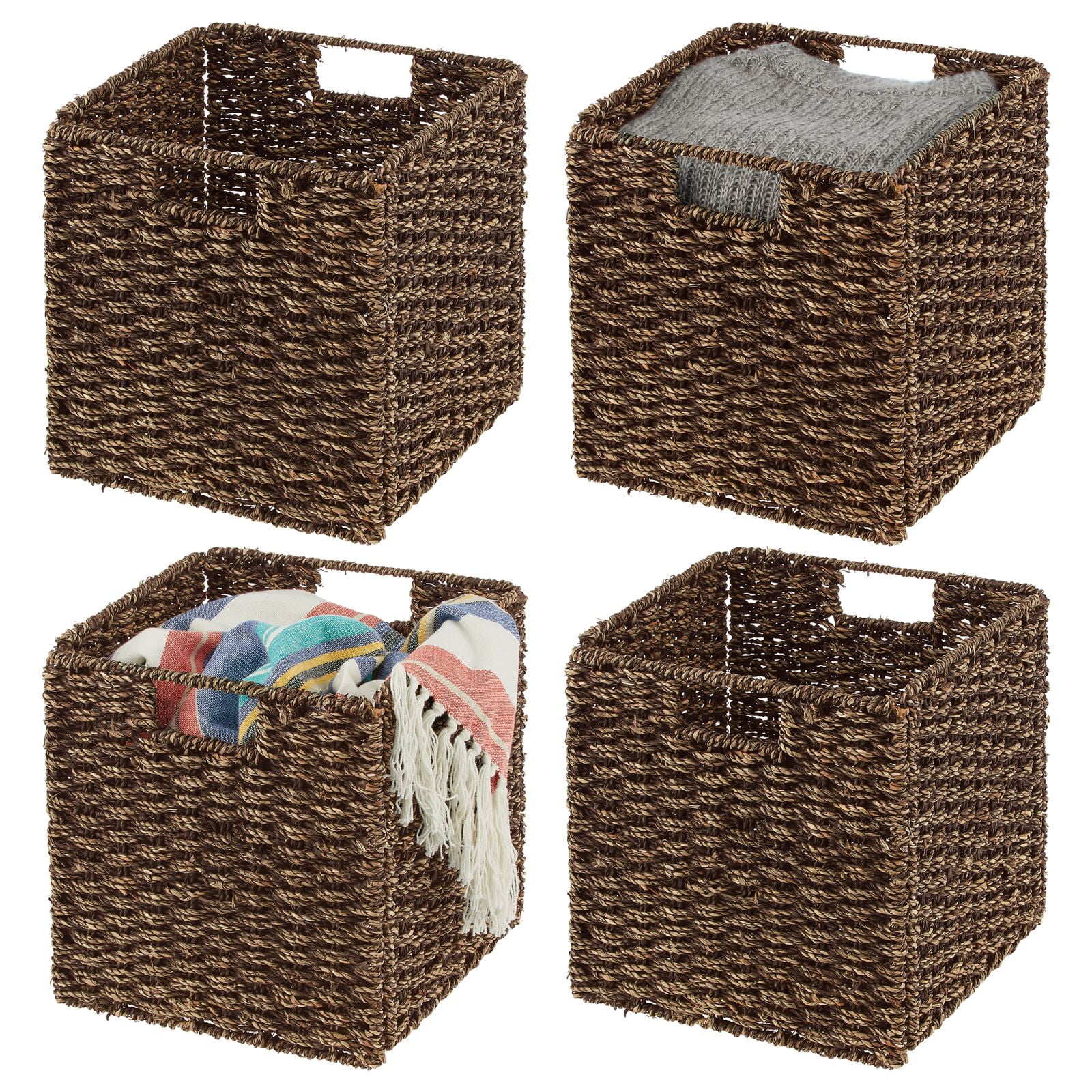 mDesign Seagrass Woven Cube Bin Basket Organizer with Handles Storage for Bedroom, Home Office