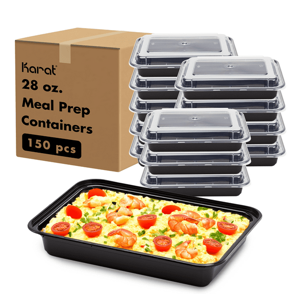 Karat [150 Pack - 28oz] Reusable Microwavable Meal Prep Containers with Lids | Black Rectangular Plastic Food Containers (IM-FC1028B)