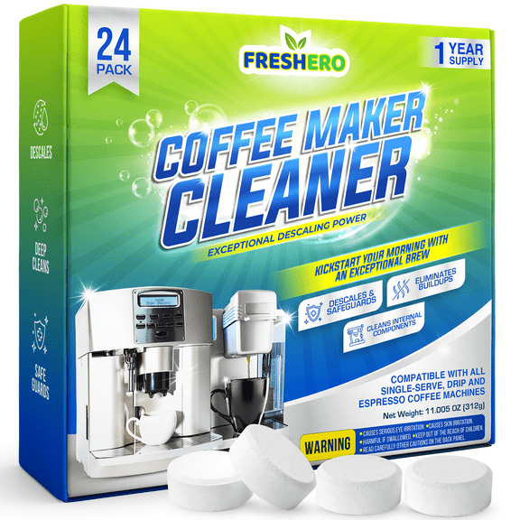 Freshero Coffee Machine Descaler & Cleaner Tablets (Keurig, Breville, Miele, Delonghi, Ninja, Nespresso & Espresso Machines), 24 Count.