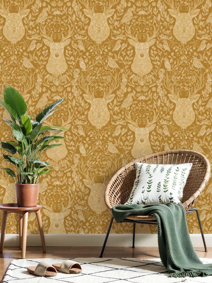 Hunt Peel and Stick Wallpaper 17.7in x 9.8ft Whimsical Floral Fauna Deer Birds Mustard Contact Paper Vinyl Waterproof Self Adhesive Wall Paper for Bedroom Shelf Cabinet Renter Friendly