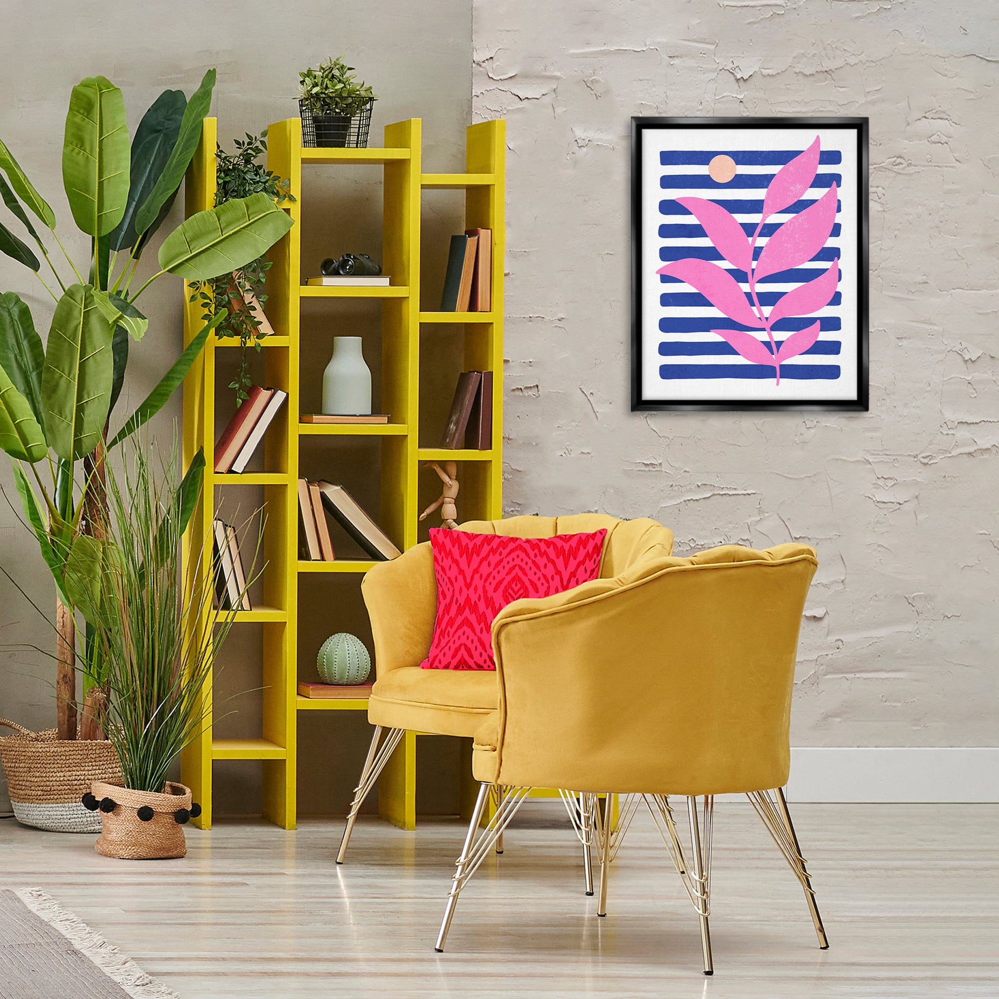 Stupell Industries Sunrise Sprig on Stripes Abstract Painting Black Floater Framed Canvas Art Print Wall Art, 17 x 21
