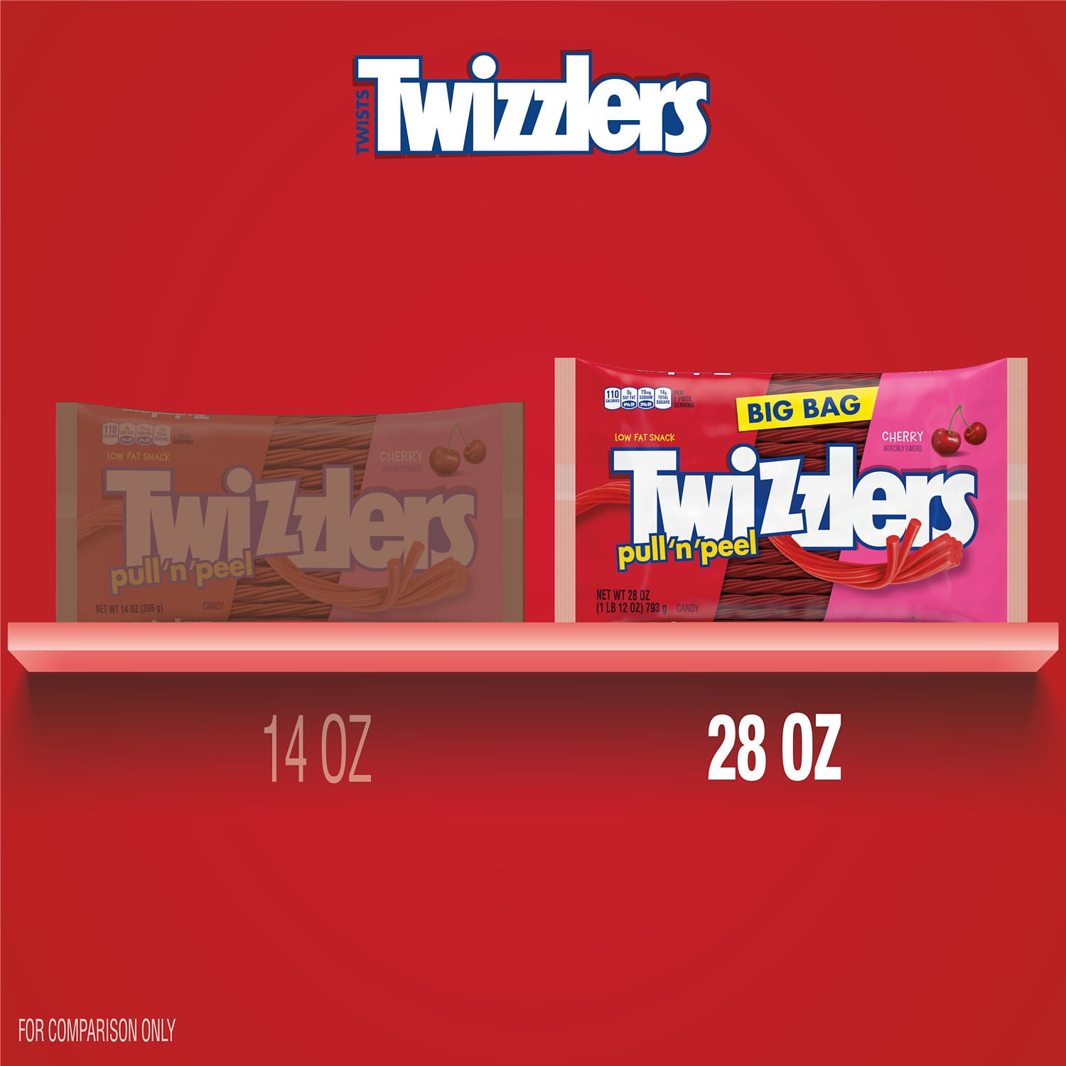 (4 pack) TWIZZLERS PULL 'N' PEEL Cherry Flavored Licorice Style, Low Fat Candy Big Bag, 28 oz