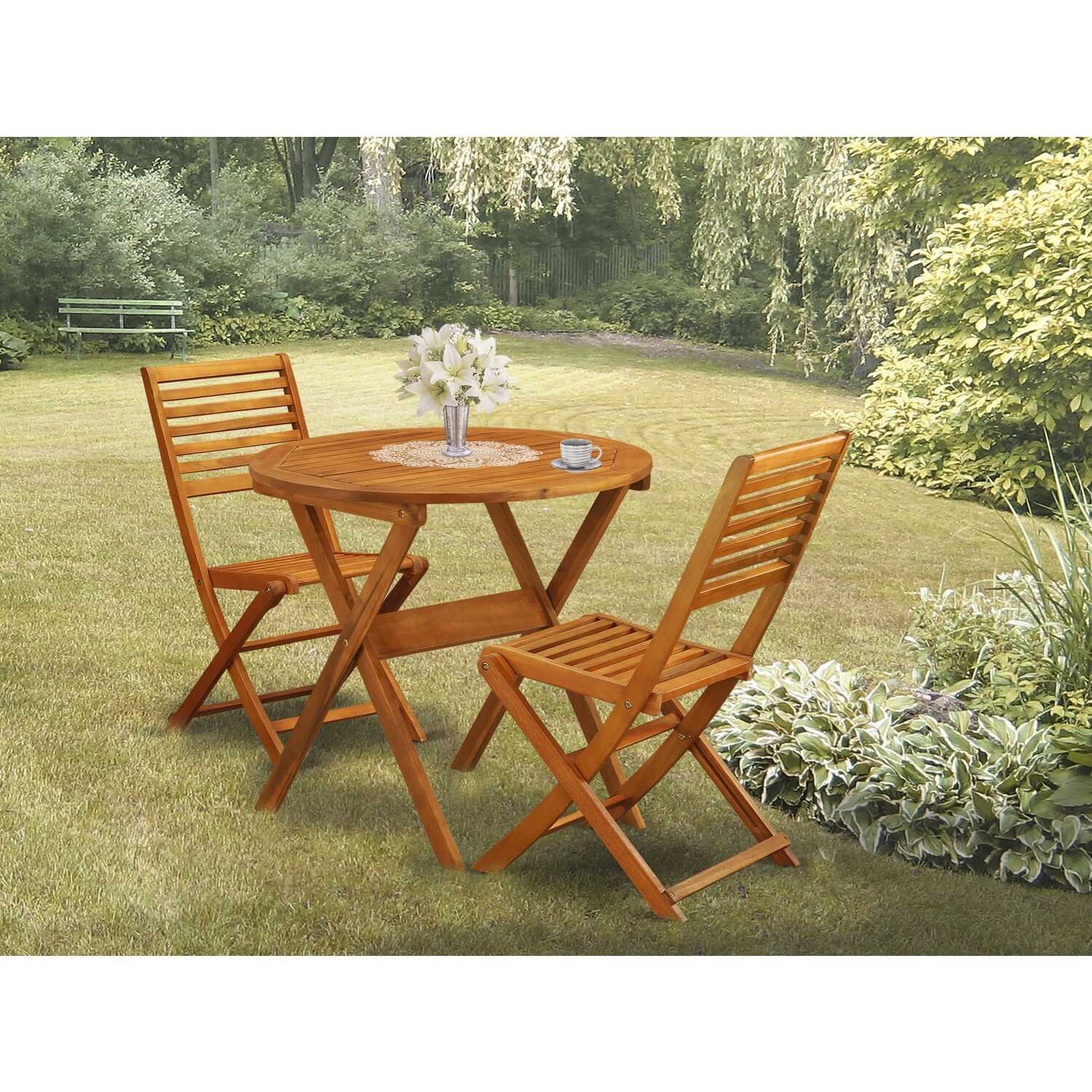 East West Furniture 3-Piece Folding Patio Set Contains a Folding Patio Table and 2 Outdoor Bistro Chairs Suitable for Garden, Terrace, Bistro, and Porch - Natural Oil Finish - image 5 of 6