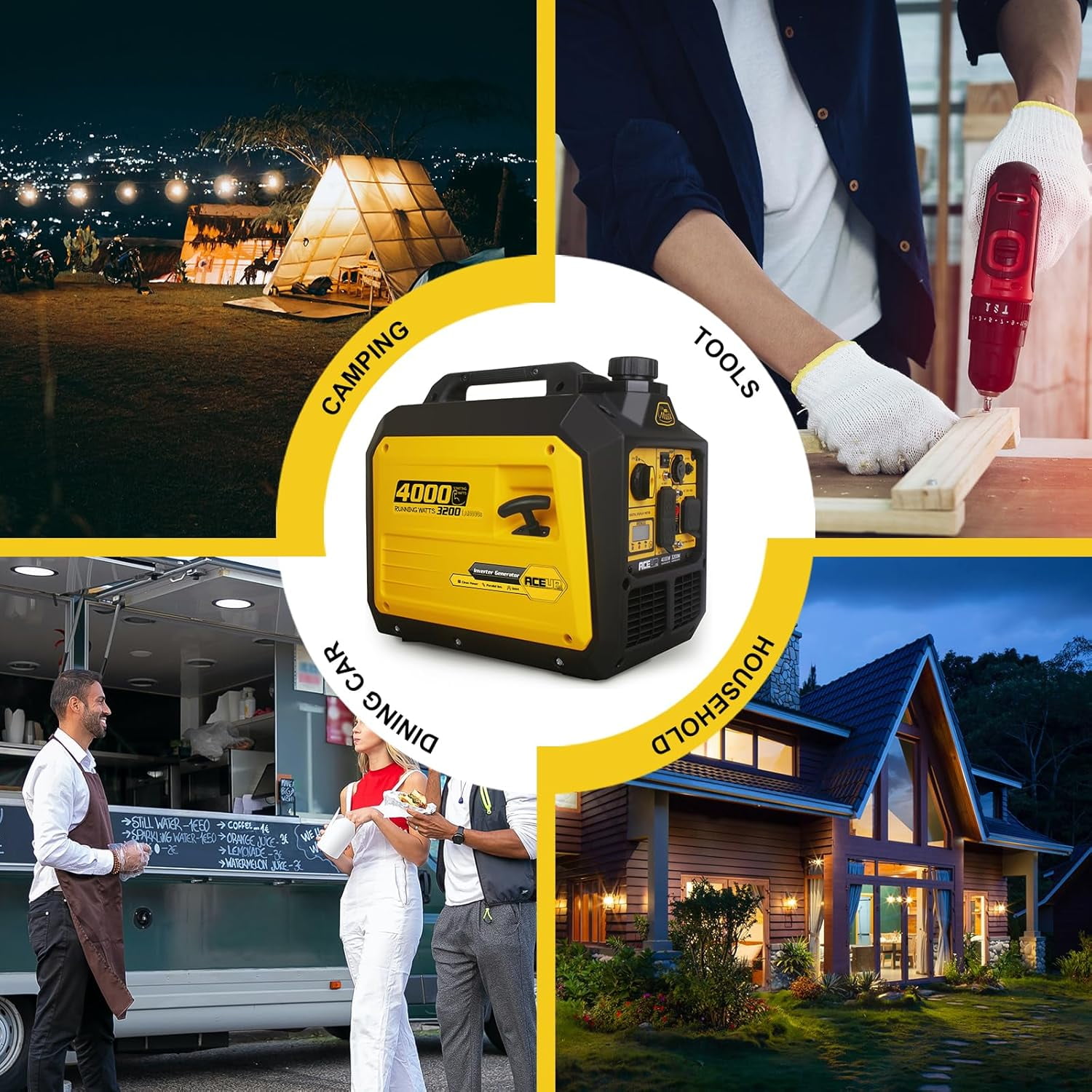 Aceup Energy 4000 Watt Portable Inverter Generator, Gas Powered Generator Quiet for Home, 3500W RV-Ready, EPA Compliant