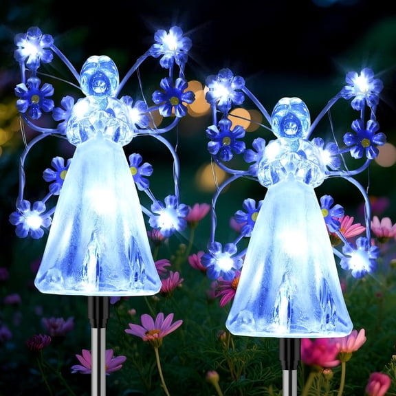Fohil 2 Pack Waterproof Solar Lights Outdoor, Solar Angel Garden Stake Lights with 7 LEDs, 8 Lighting Modes Outdoor for Garden Cemetery Grave Yard Decorations