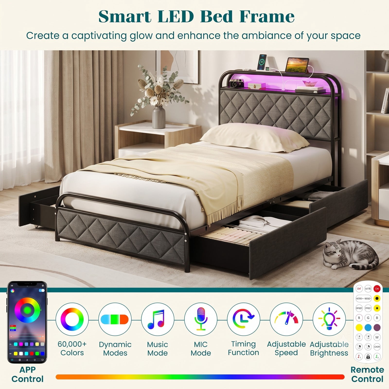 Furnibear Twin Bed Frame Upholstered Platform Bed with Headboard, LED Lights, USB Charging Station and 4 Storage Drawers, Gray