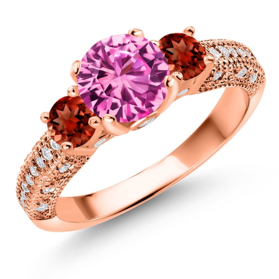 Gem Stone King 18K Rose Gold Plated Silver Pink Created Sapphire Red Garnet and White Moissanite Engagement Ring for Women (2.48 Cttw, Gemstone September Birthstone, Round 7MM and 4MM, Size 6)