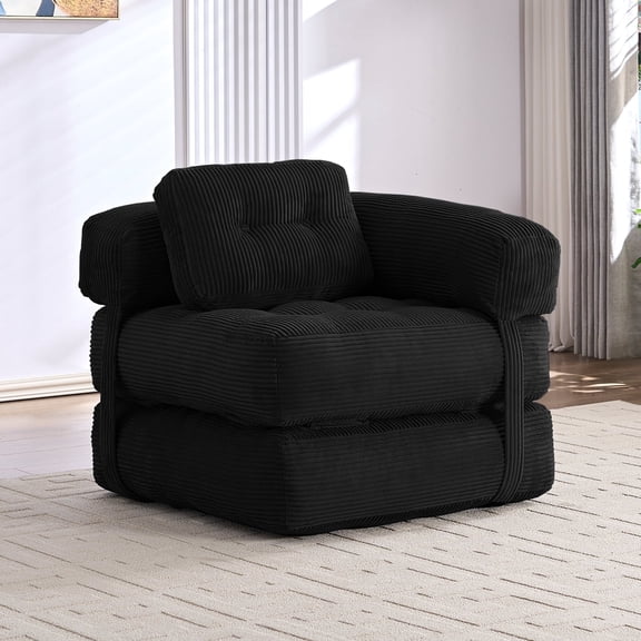 Puremind Folding Sofa Bed, Convertible Floor Couch, Corduroy Foldable Futon Sofa Bed with Armrest for Living Room/Bedroom, Black