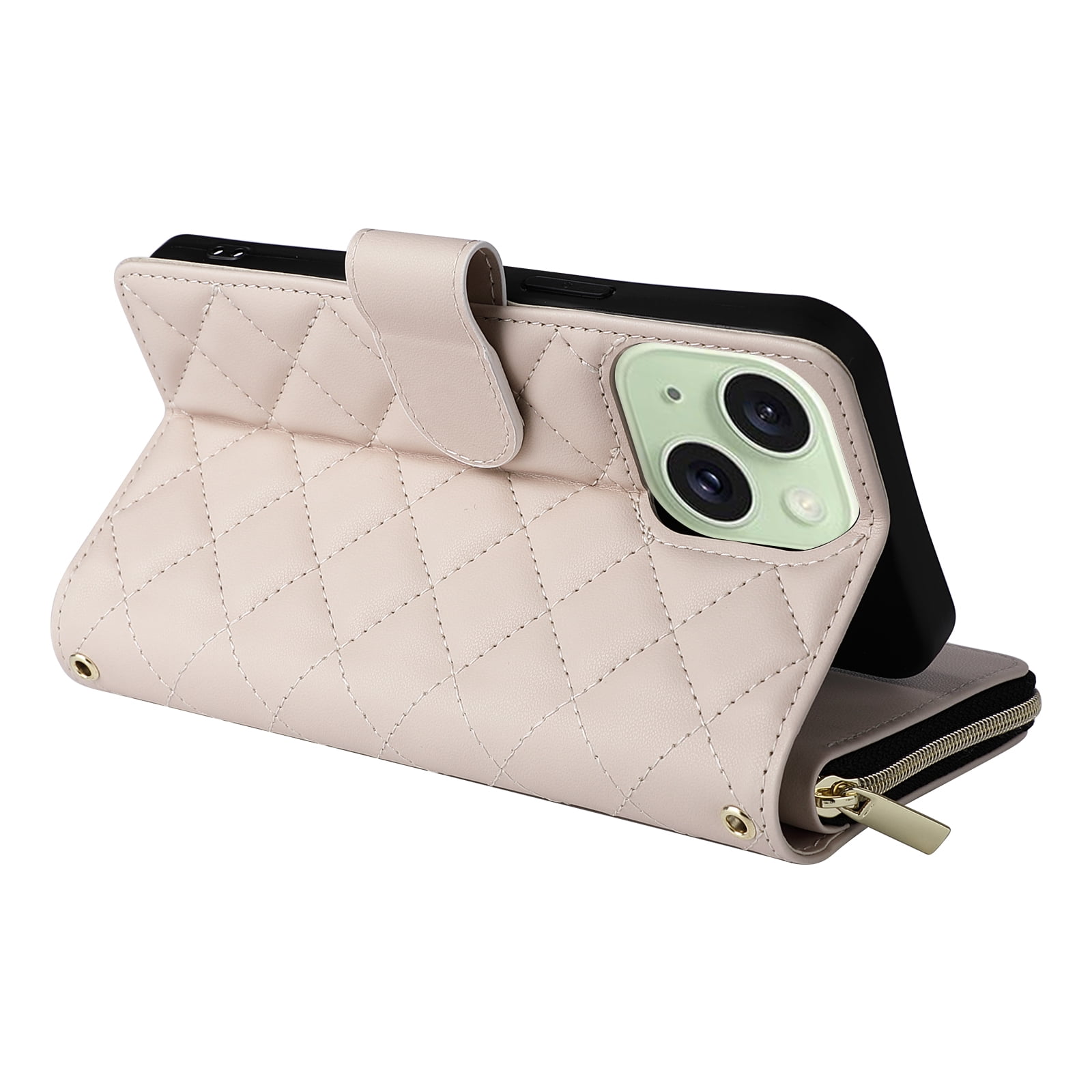 Allytechgroup Credit Card Slot RFID Blocking Shoulder Strap Lanyard Shockproof Leather Wallet Flip Stand Cell Phone Case for Apple iPhone 15, Beige