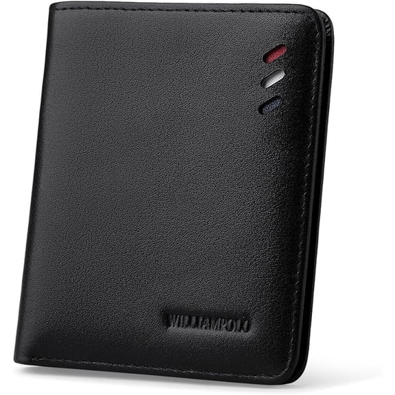 WILLIAMPOLO Men’s Genuine Leather Slim Bifold Wallet with ID Window, 6 Card Slots, V-Shape Slot, Compact Front Pocket Design – Black