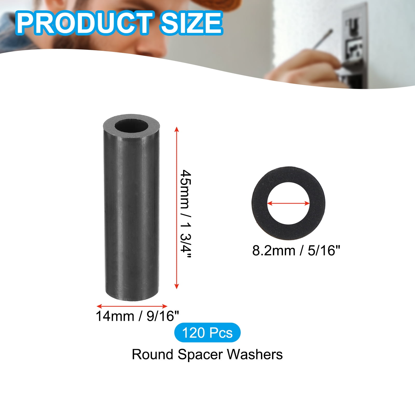 Uxcell 120Pcs M8 ABS Spacers 5/16" ID x 9/16" OD x 1 3/4" L Plastic Round Spacer Washers Black Standoff Nut Unthreaded for M8 or 5/16 inch Screws Bolts Electrical Outlet