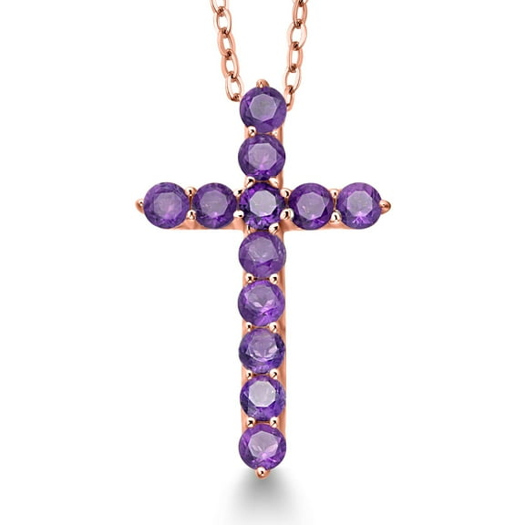 Gem Stone King 18K Rose Gold Plated Silver Purple Simulated Amethyst Cross Pendant Necklace for Women | 1.20 Cttw | Jesus Crucifix Necklace| February Birthstone | Round 3MM | With 18 inch Chain