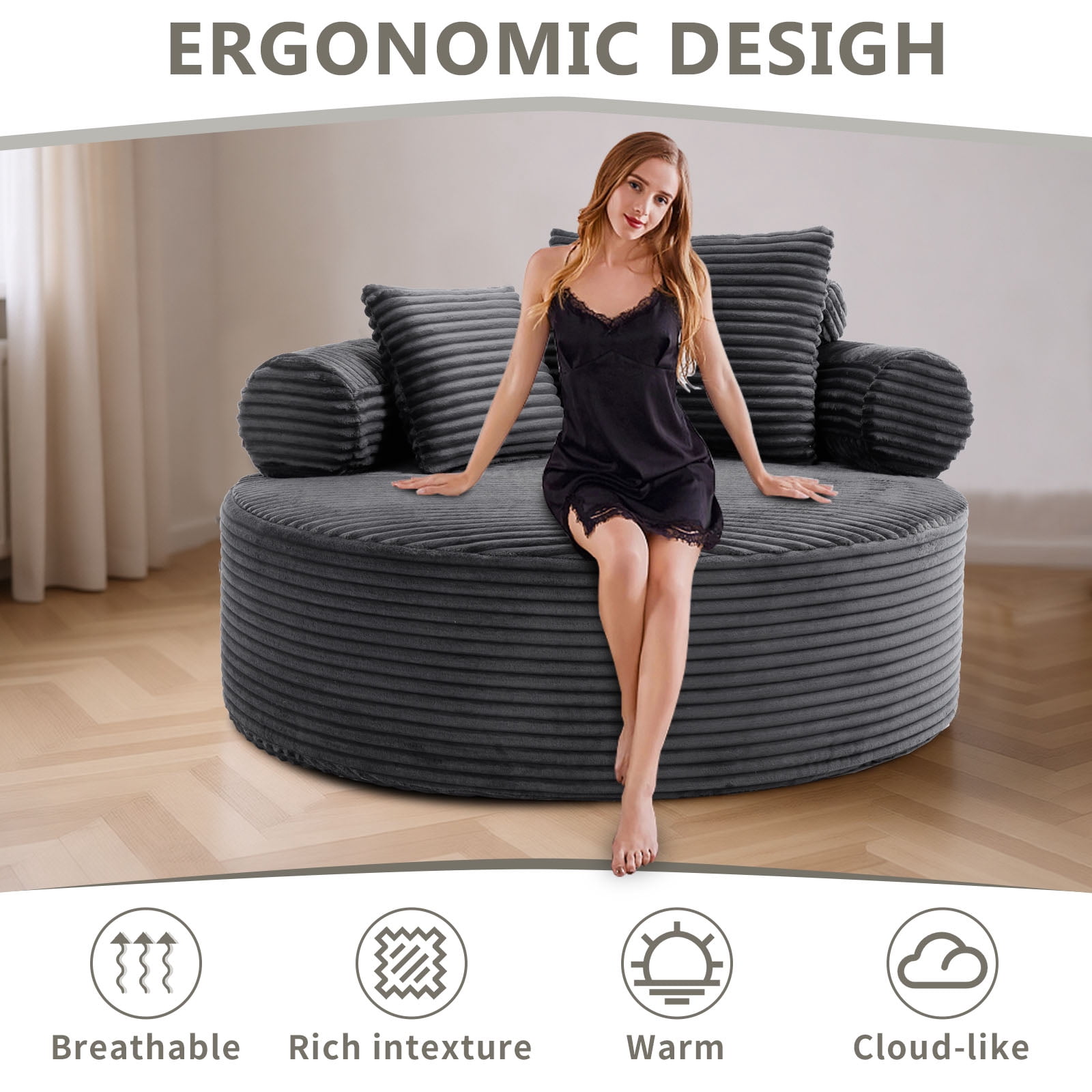 Miniyam 55.5" W Round Oversized Chaise Lounge Indoor Chair for Living Room, Cloud Couch with 3 Pillows, Dark Grey