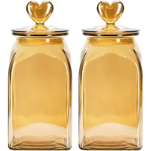 Tea Jars Storage Canisters Glass Airtight Sided Jar Amber Square Canister Set Kitchen Food Storage Canisters Jars with Heart Shaped Handle Lid for Coffee Jars jar(1400ml X 2)