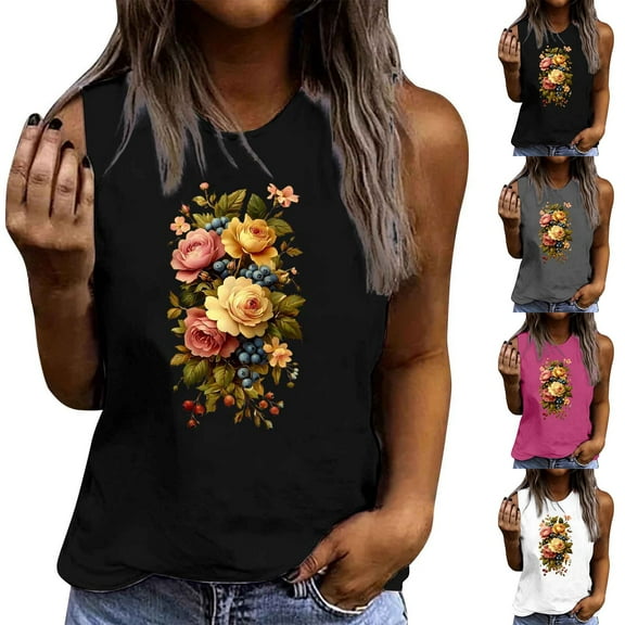 Pxxlle Womens Cotton Tank Tops Fashion Sunflower Graphic Tanks Casual Summer Sleeveless Going Out Tops Loose Fitted Round Neck Beach Vacation Clothes White S