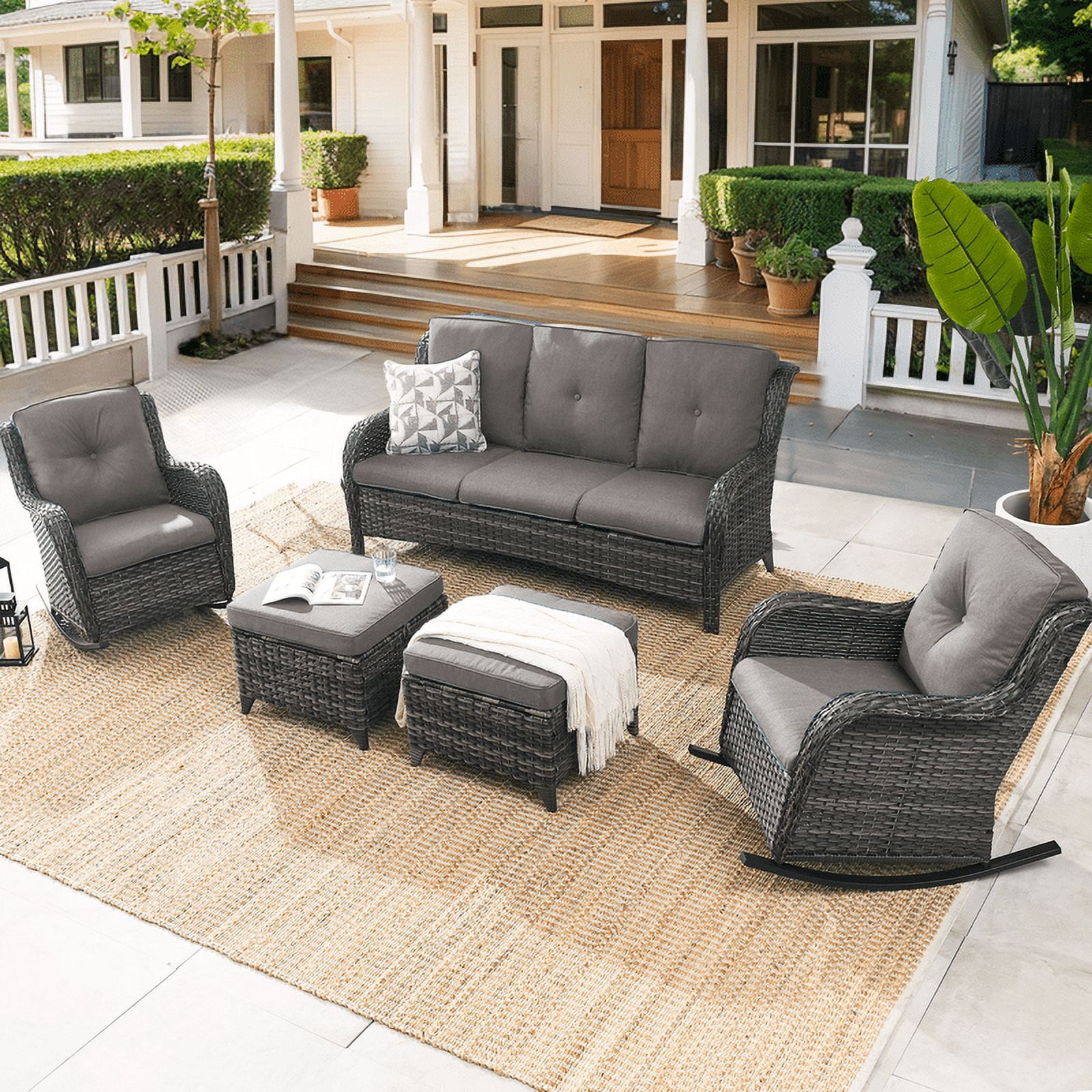 PARKWELL 5-Piece Outdoor Wicker Conversation Set Patio Furniture Couch Rocking Chairs Set with Ottoman,Gray