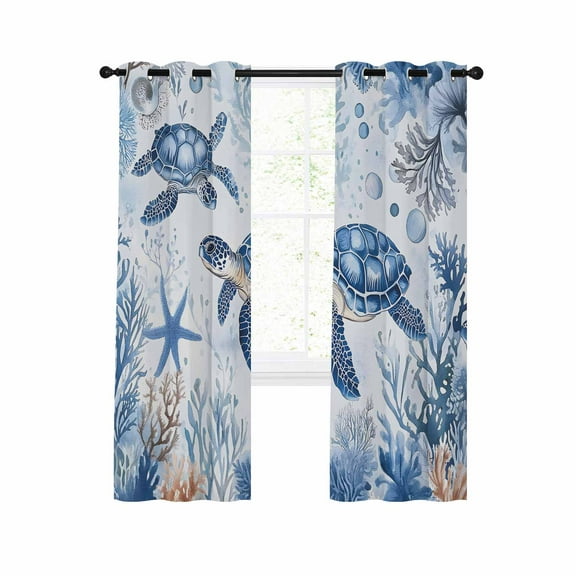Summer Beach Coastal Blackout Curtains 54 Inches Long for Bedroom, Sea Turtle Coral Nautical Thermal Insulated Room Darkening Black Out Window Curtain Panels Grommet Drapes for Living Room