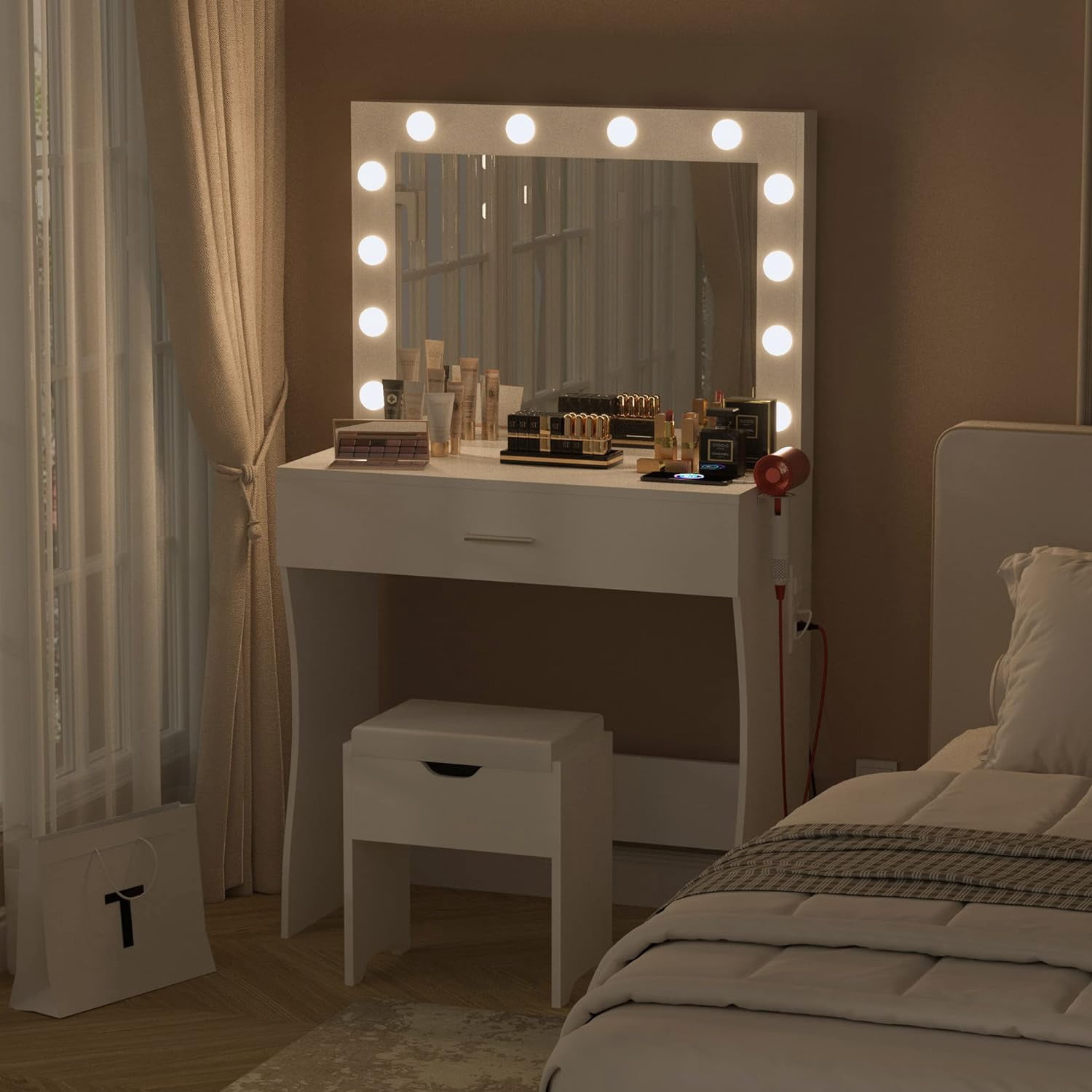 VEANERWOOD Vanity Set with 3 Color Lighted Mirror Makeup Table 55" with Charging Station Large Drawer, White