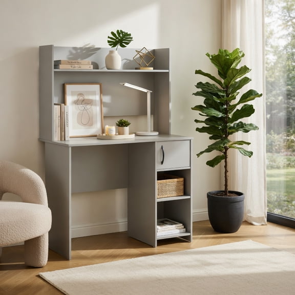 Demi Bonn Home Computer Desk with Raised Display Shelf and 2 Open Shelves, Office Desk Study Writing Table, Gray