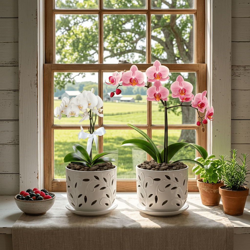 BUYMAX 5" & 6" Ceramic Orchid Pots with Holes and Trays, Leaf Lattice Alabaster White, Set of 2