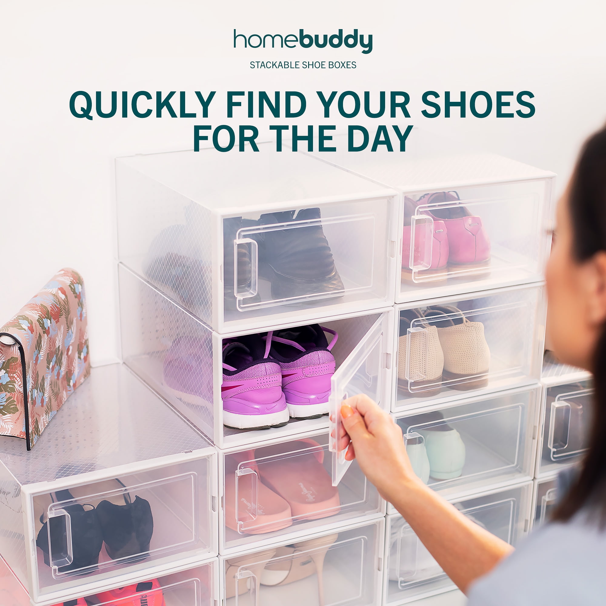 HomeBuddy Shoe Organizer for Closet - 6 Pack XL Shoe Storage Boxes Clear Plastic Stackable Bin, Boots, Sneaker Storage, Clear Shoe Boxes with Lids