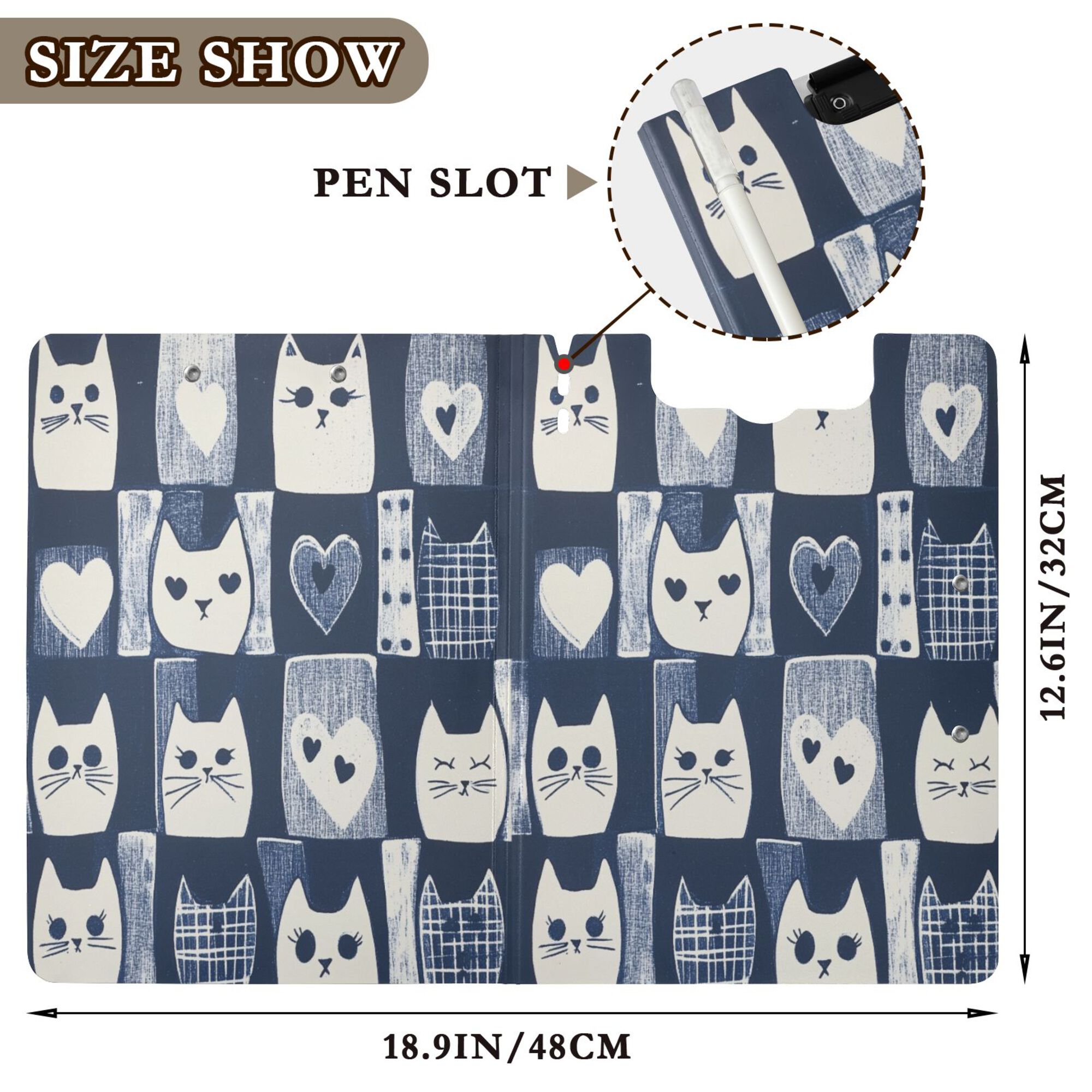 FORMRS A4 Clipboard Folder with Pen Holder Horizontal Foldable School Office Binder, Blue Cats and Hearts