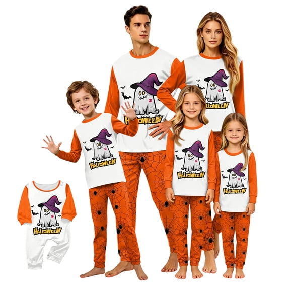 HTHLVMD Halloween Pajamas, Family Halloween Pajamas, Halloween Matching Family Pajamas Orange Ghost Print Long Sleeve 2 Piece Pajama Set Cute Spooky Sleepwear Nightwear Loungewear Holiday Photos