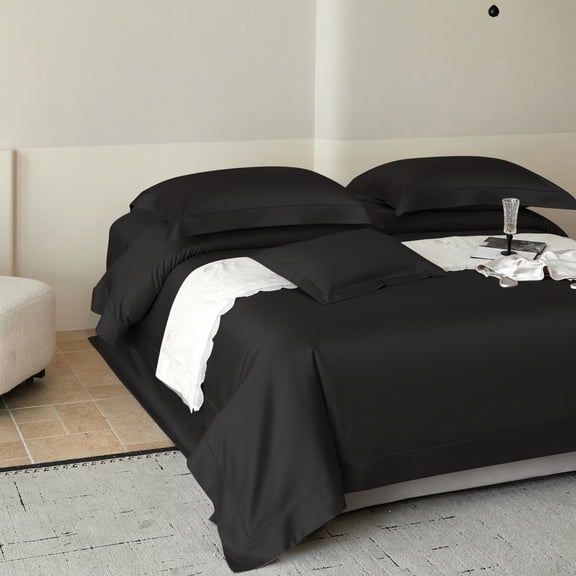 DCSKY 100% Cotton Duvet Cover Set, High Thread Count Luxury 3-Piece Bedding, Premium Black, King