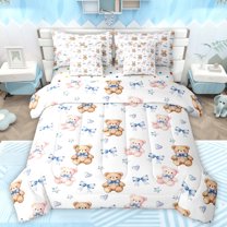Manfei Blue Bow Bear Bedding Comforter Set 7pcs for Teen, Watercolor Stars Print King Bedding Sets, Kawaii Cartoon Theme Reversible Bed Sheets, Breathable Home Decor