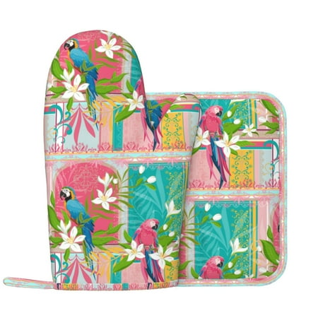

Oven Mitts and Pot Holders Sets Exotic Colorful Parrot Flower Non-Slip Silicone Oven Gloves Potholders Cotton Lining Heat Resistant Gloves Hot Pads for Kitchen Cooking Baking