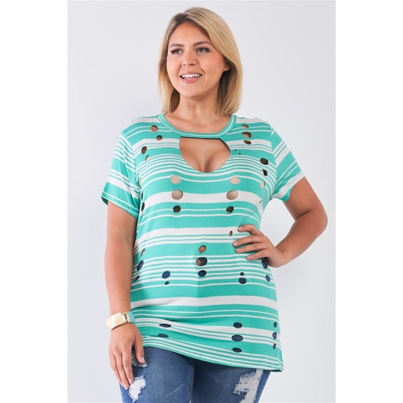 Plus Striped And Distressed Cut-out Top 1XL