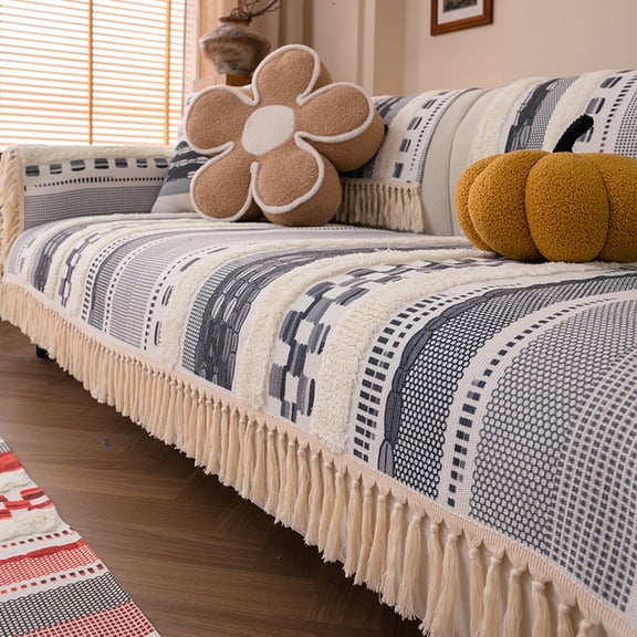 XmhyTop-A Cotton Linen Sofa Cover 70x70cm Tufted Tassel Throw Blanket, Non Slip Couch Protector, Dog Proof Furniture Cover,C02
