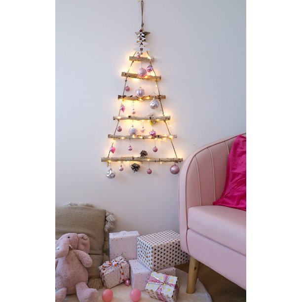 Árbol De Navidad De Pared Con Luces LED - Decoración De Madera, Ahorra Espacio, Fácil De Colgar, Incluye Estrella