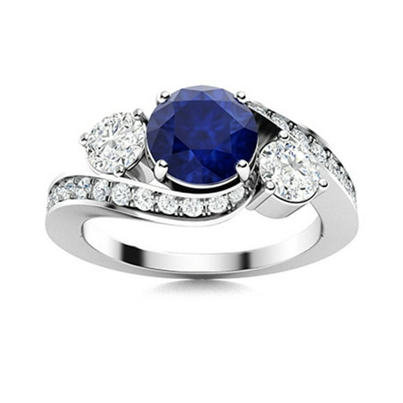 Bypass Side Stone 5MM Round Blue Sapphire Trilogy Women Valentines Day Gifts Ring 925 Sterling Silver
