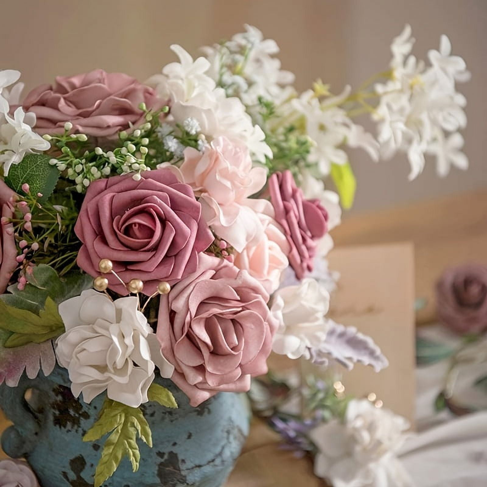 ACMDL  25pcs  Mauve Artificial Roses Flowers  Fake Roses With Stem  For DIY Craft Outdoor Wedding Party Banquet Celebration Birthday Bouquets Centerpieces Bridal Shower Arrangements  Indo
