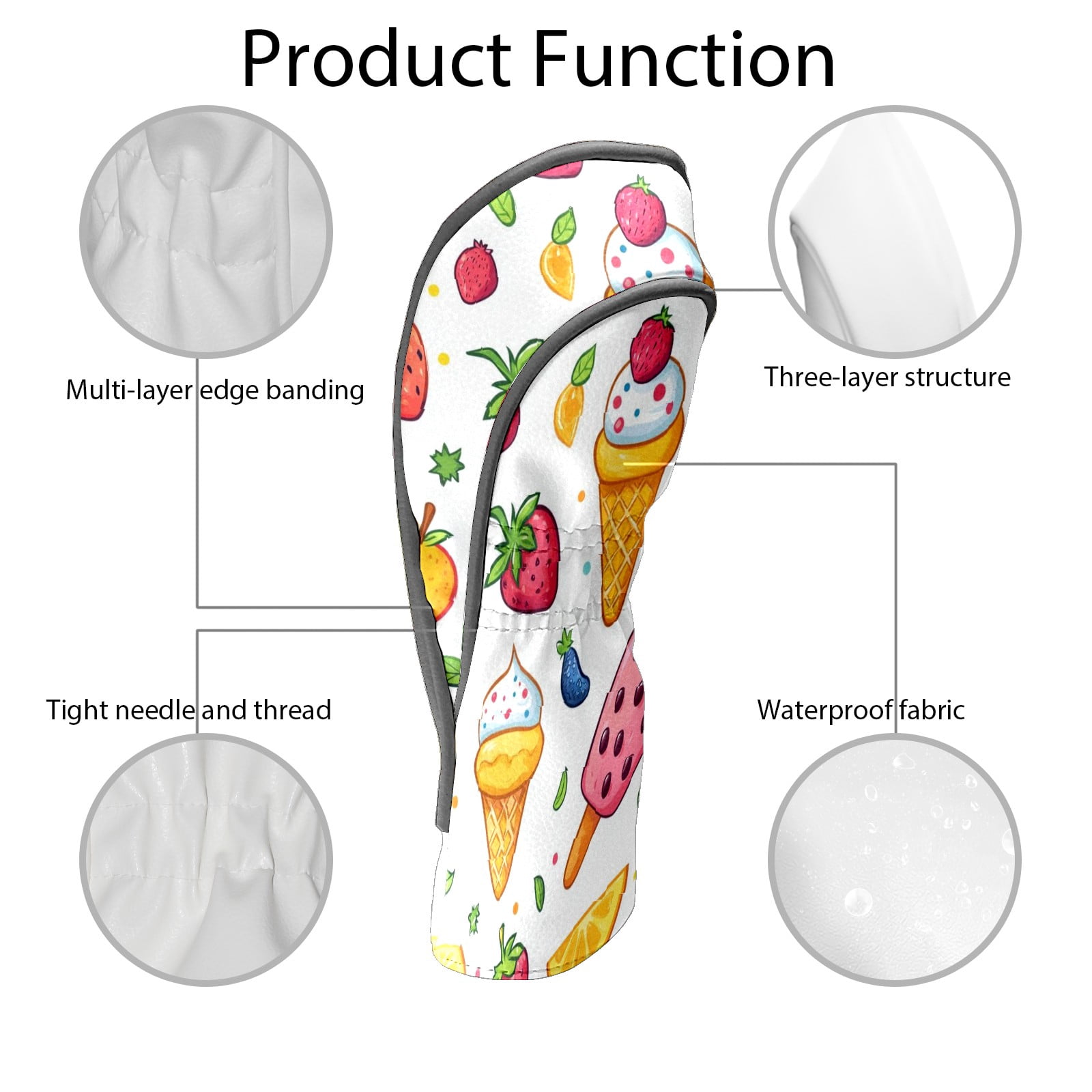 Golf Club Covers PU Leather Waterproof Head Covers for Fairway Woods Hybrids Fruit Ice Cream Pattern Unisex Fits Most Brands