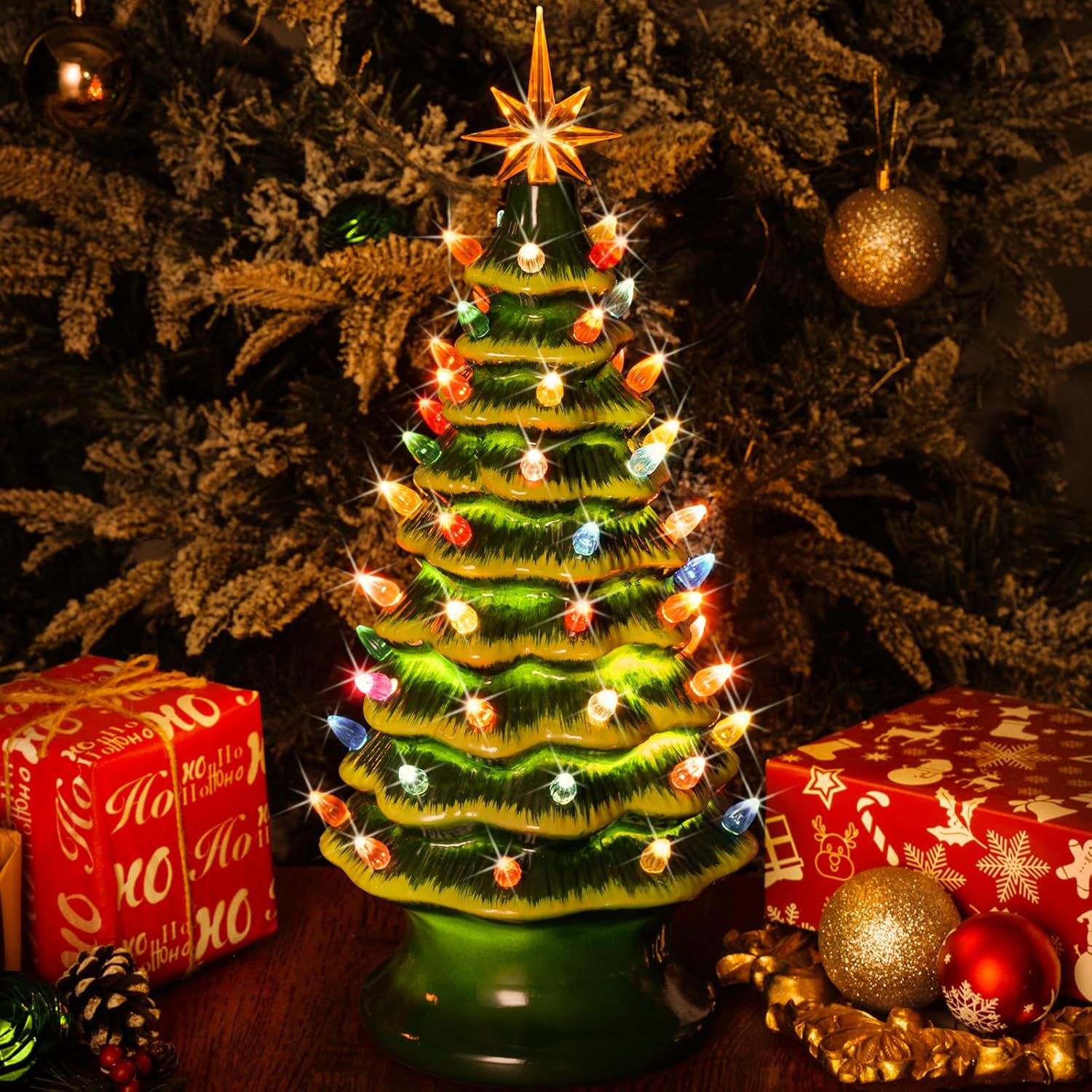 Nordic Hygge 2024 Newest 16.5" Hand Painted Resin Christmas Tree with Lights, Pre-lit Xmas Tree Decor Lighted Tabletop Decoration with Multicolored LED Bulbs, Green