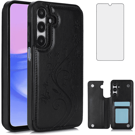 Asuwish Compatible with Samsung Galaxy A55 5G Wallet Phone Case Tempered Glass Screen Protector and Flower PU Leather Credit Card Holder Stand Slot Flip Cell Cover for A 55 55A A555G Women Men Black